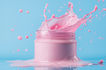 Pink liquid splashing in glass jar on blue background vibrant creamy texture delicious sweet food