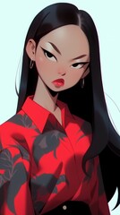 A Young Woman with Long Black Hair and a Red Shirt