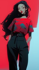 A Young Woman with Long Hair and a Red Shirt Standing in Front of a Red and Blue Background