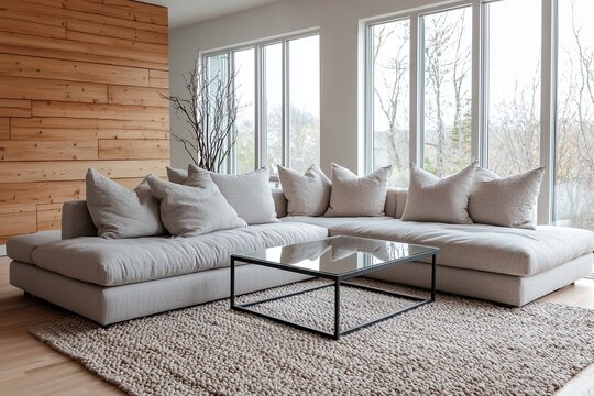 A modern minimalist interior design in a living room with a wall finish using wood and sofa and Kerr table. Generative AI
