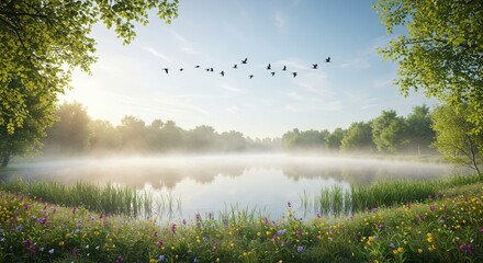 Serene morning by the river, forest, and lake with mist, reflections, and vibrant nature