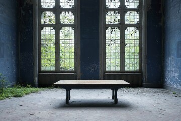 Abandoned factory with shattered windows and wild grass, symbolizing decline in industrial advancement.