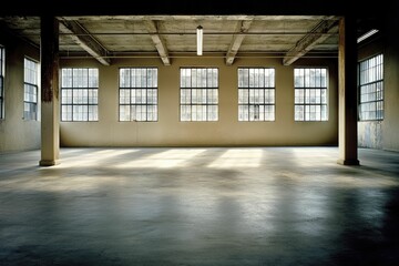 Abandoned warehouse with peeling paint, sunlight pouring through shattered windows, reflecting unrealized dreams of commercial ventures.