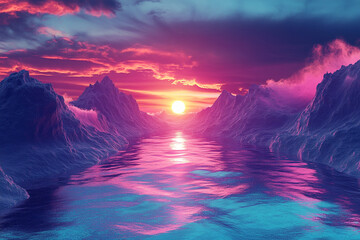 Vibrant sunset over purple mountains and calm water landscape sky art pink view scene image nature