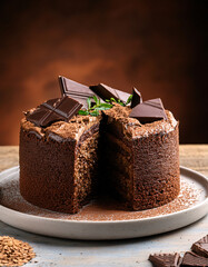 G&acirc;teau moelleux au chocolat d&eacute;cor&eacute; de morceaux de chocolat noir et de cacao en poudre sur une assiette rustique