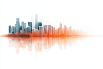 Surreal Distorted City Skyline with Reflection and Epidemic Impact in Urban Landscape