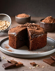 G&acirc;teau moelleux au chocolat et flocons d&rsquo;avoine avec gla&ccedil;age brillant, d&eacute;cor&eacute; de copeaux de chocolat et de cacao en poudre