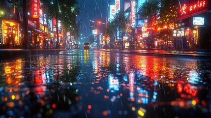Fototapeta premium Vibrant city street illuminated by neon lights during a rainy night, reflecting colors on wet pavement