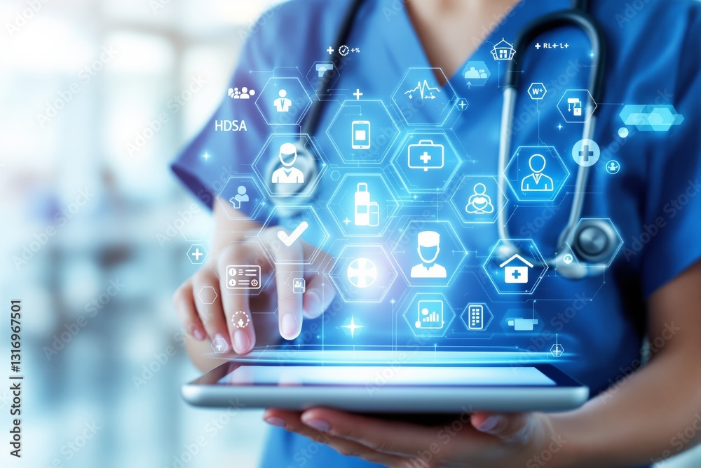 Aufkleber doctor using tablet with medical icons interface.