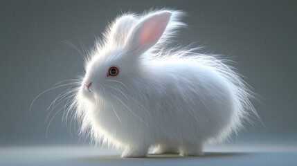 Obraz premium A majestic white rabbit with long silky fur, standing still against a simple light gray background