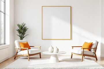 Modern living room with two chairs, orange pillows, white table, and blank frame on a light wall.