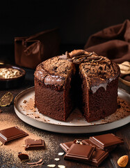 G&acirc;teau moelleux au chocolat et aux flocons d&rsquo;avoine, d&eacute;cor&eacute; de copeaux de chocolat et saupoudr&eacute; de cacao sur une assiette rustique