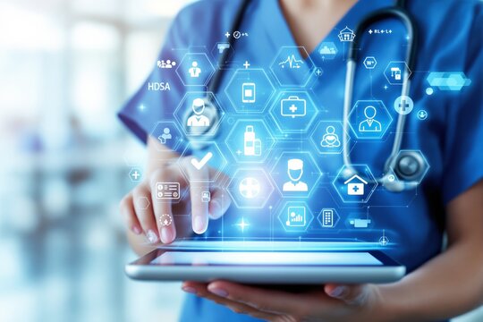 Doctor using tablet with medical icons interface.