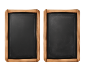 Set of three black chalkboards with wooden frames, isolated on a transparent background, front view. Chalkboards for school or restaurant menu design template vector illustration, PNG file