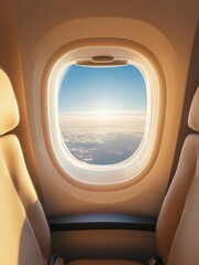 Fototapeta premium Serene aerial vista from airplane window capturing sunlit clouds and blue sky creating tranquil travel atmosphere