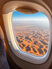 Fototapeta premium Aerial view of vast desert landscape through airplane window during golden hour flight adventure travel