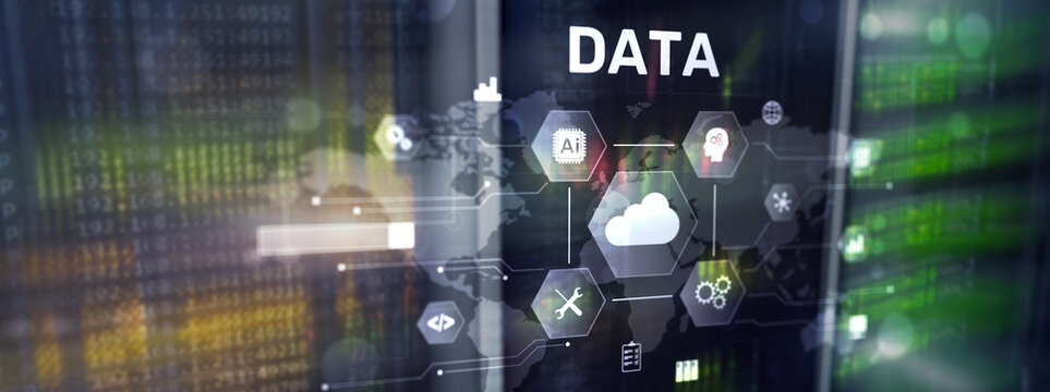 Cloud server and computing, data storage and processing on server background