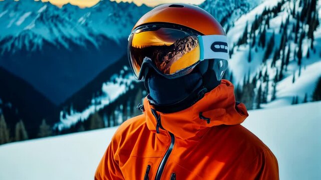 Bright orange ski goggles reflect mountain scenery while a skier prepares for an exciting descent in snowy winter conditions