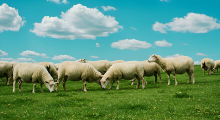 Fototapeta premium Sheep Grazing on a Lush Field