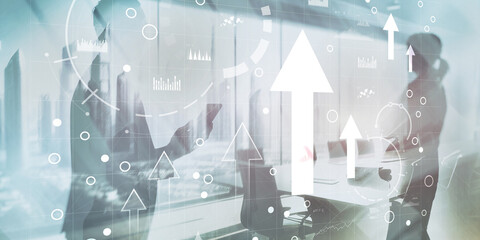 Business intelligence dashboard and arrows up, key performance indicators on a virtual screen computer interface