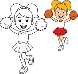 A cheerful cheerleader girl, full of energy and enthusiasm, smiles brightly while holding pom-poms, radiating positivity and team spirit, ready to inspire and uplift the crowd.