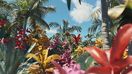 Vibrant Tropical Flowers and Palm Trees Under a Sunny Sky