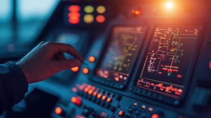 Naklejka premium Precision cockpit adjustments by aviation technician on aircraft control systems in high-tech environment