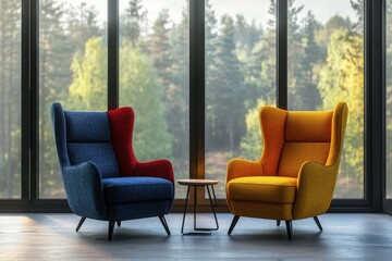 Fototapeta premium Modern living room with colorful armchairs and natural light from large windows creating a cozy atmosphere for relaxation and conversation