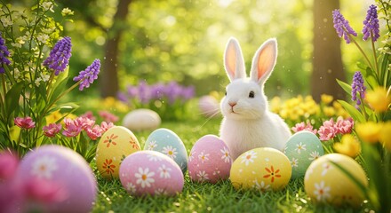 A cute pink bunny with colorful eggs in a basket surrounded by spring flowers and green grass for an Easter celebration