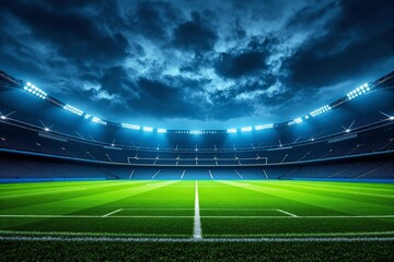 Empty soccer stadium at night with dramatic sky.