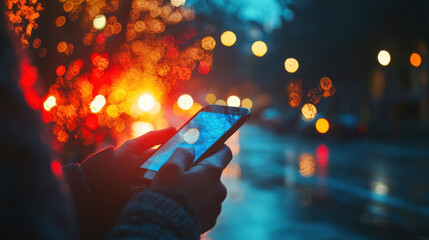 Person using smartphone outdoors at night with colorful bokeh lights in background