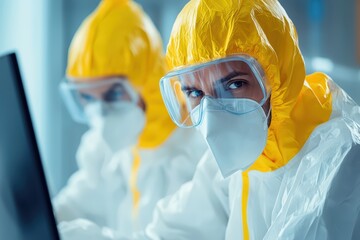 Scientists in Hazmat Suits Analyzing Viruses in Laboratory Setting with Focused Attention