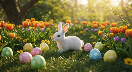 Easter bunny with colorful eggs in a grassy field celebrating the spring holiday