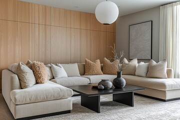A modern minimalist interior design in a living room with a wood finish on the walls and a sofa and coffee table. Generative AI
