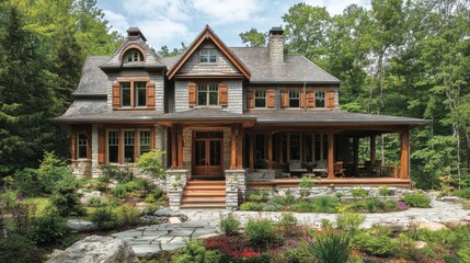 Scenic country house with a large wraparound porch and wooden shutters.