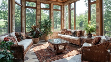 Scenic sunroom with wicker furniture, large glass windows, and indoor plants.