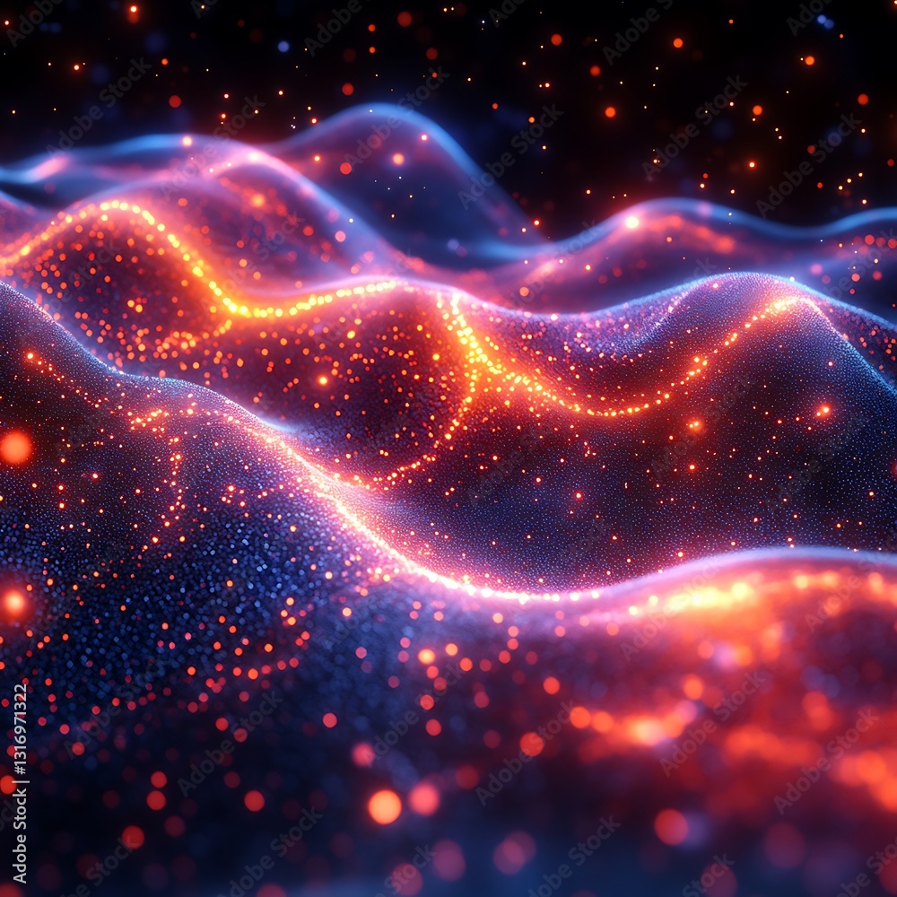Poster abstract digital wave pattern with sparkling red and blue lights, creating a futuristic and dynamic 