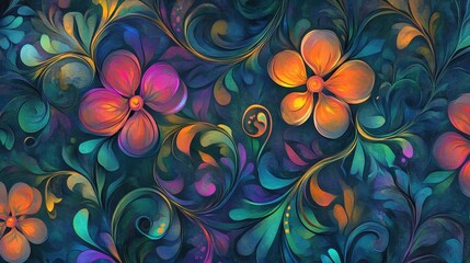 Art Nouveau-inspired floral swirls, glowing jewel tones, watercolor transparency, seamless design.