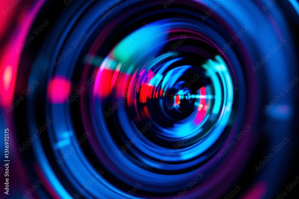 Poster camera lens with colorful light reflections.