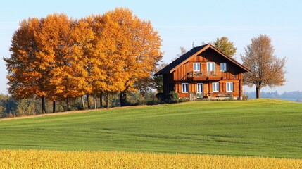 Serene autumn countryside with a rustic home nestled among golden trees.