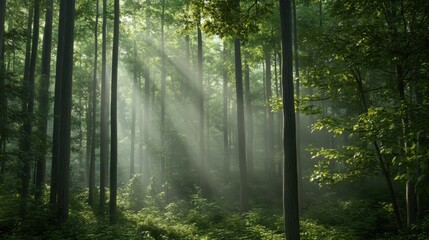 Fototapeta premium Dense green forest with tall trees illuminated by soft sunlight filtering through leaves