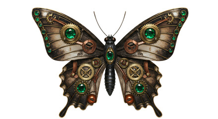 Steampunk Butterfly with Gears and Jewels Detailed Illustration on White