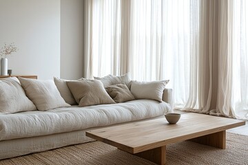 A modern minimalist interior design photo of a living room with a wooden table and sofa. Generative AI
