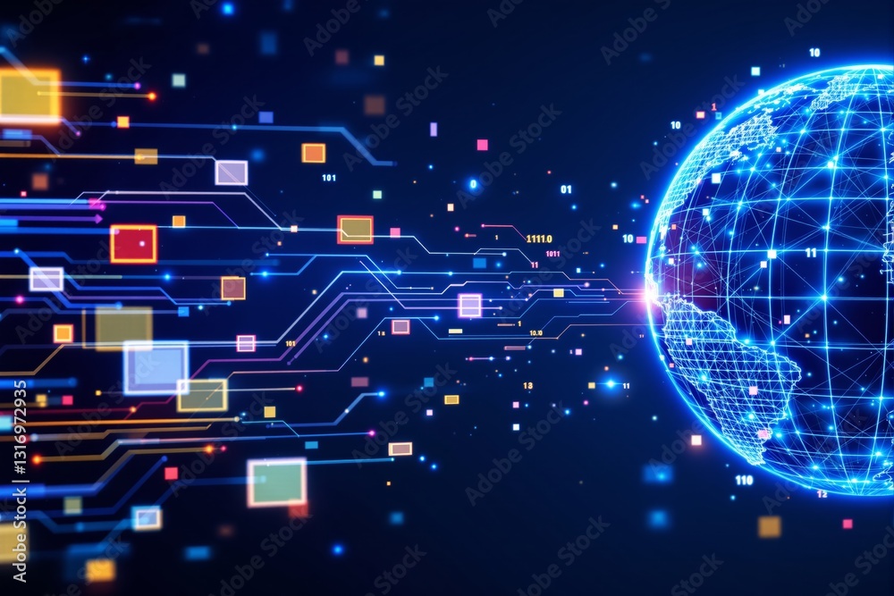 Poster Digital globe with glowing data connections and colorful geometric shapes on a dark background.