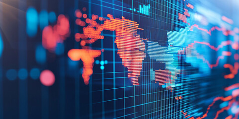 Obraz premium A digital world map illuminated with vibrant colors and grid patterns, representing global connectivity and data visualization.