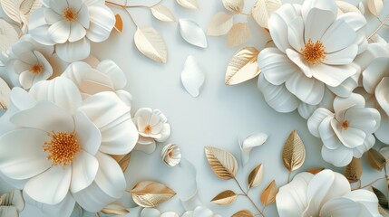 Obraz premium Abstract Background with White Paper Flowers and Golden Leaves Floral Botanical Wallpaper