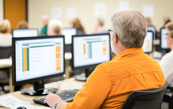 Classroom computer training session engaging interactive learning content