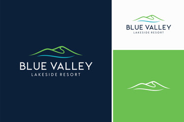 Minimalist Landscape Rolling Hills Valley with Water for Mountain Peaks River Creek Lake Simple logo design