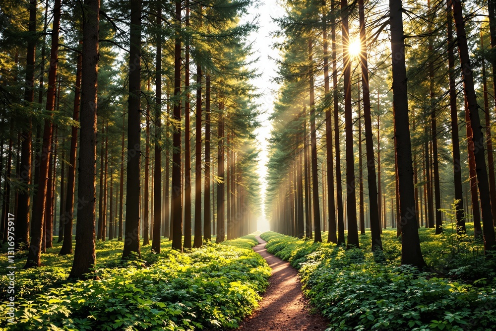 Poster sunlit forest path with tall trees and green foliage.
