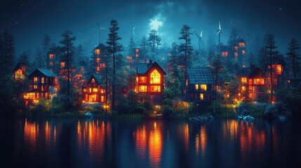 Naklejka premium Tranquil lakeside village illuminated at night with wind turbines in the background